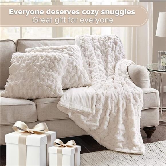 Comfort Spaces Ruched Faux Fur Plush 3 Piece Throw Blanket Set - Picture 2 of 7